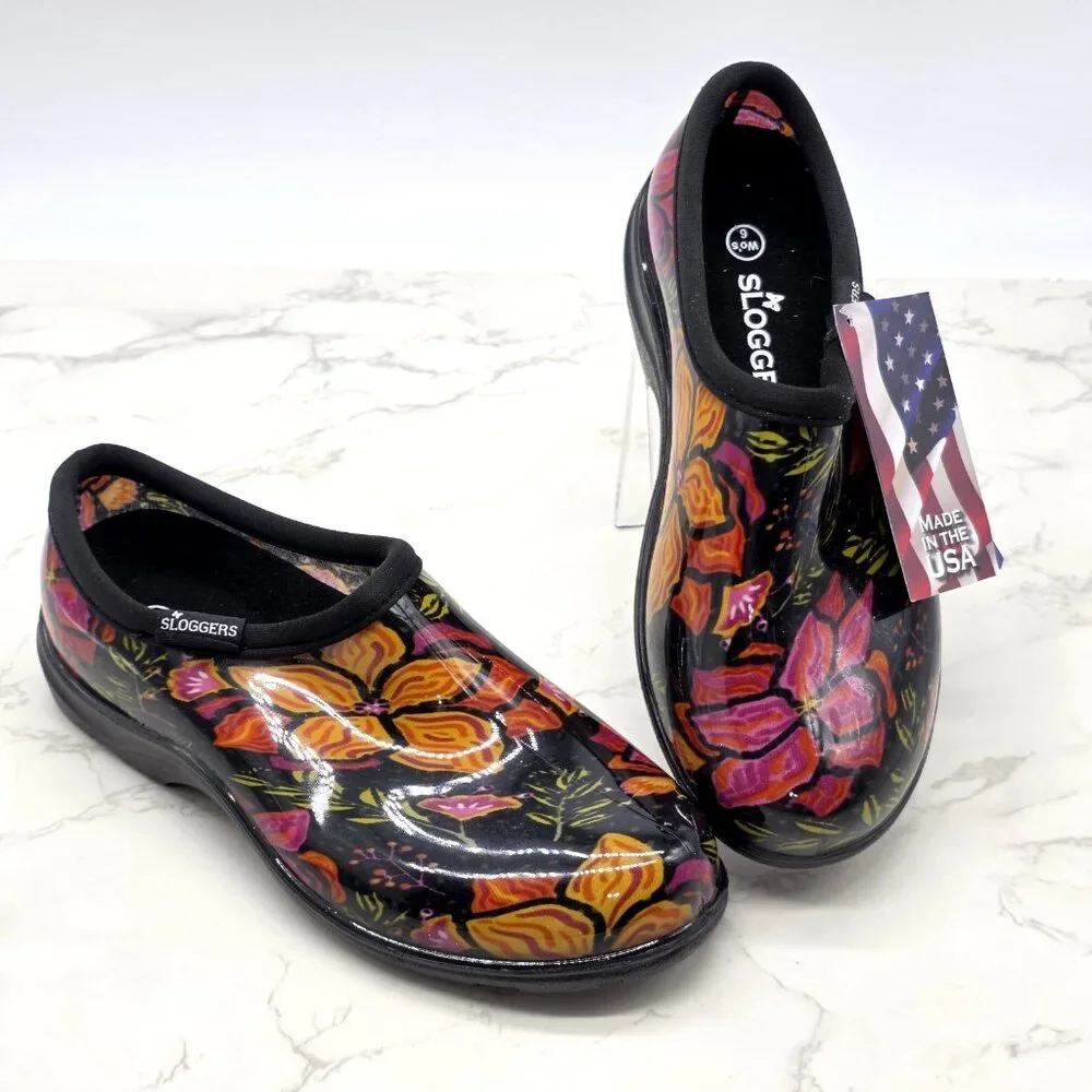 Sloggers Rain Shoes Garden Boots Women 6 Waterproof Slip on Black Floral Low NEW